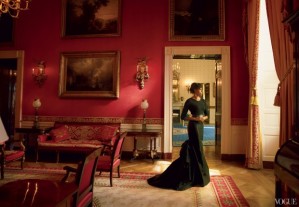 Lady O posed in the Red Room of the White House in a Michael Kors sweater and ball skirt.
